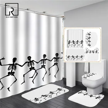 

White Creative Skull Dancing Skeleton Shower Curtain Set Pedestal Rug Lid Carpet Toilet Cover Set Halloween Festival Home Decor