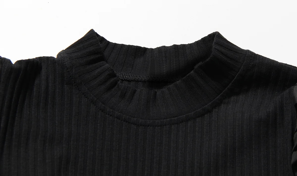 SeeBeautiful New Fashion Autumn Winter Stand Neck Long Puff Sleeve Pleated Stitching Knitting Blouse Shirt Women N897