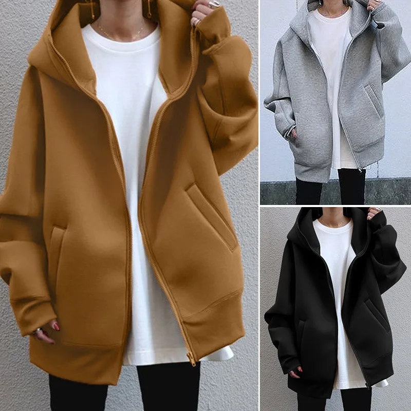 

2021Women Hoodie Harajuku Korean Version Loose Sweatshirts Solid Color Long-sleeved Hooded Sweatshirt Student Girl Zip Up Top