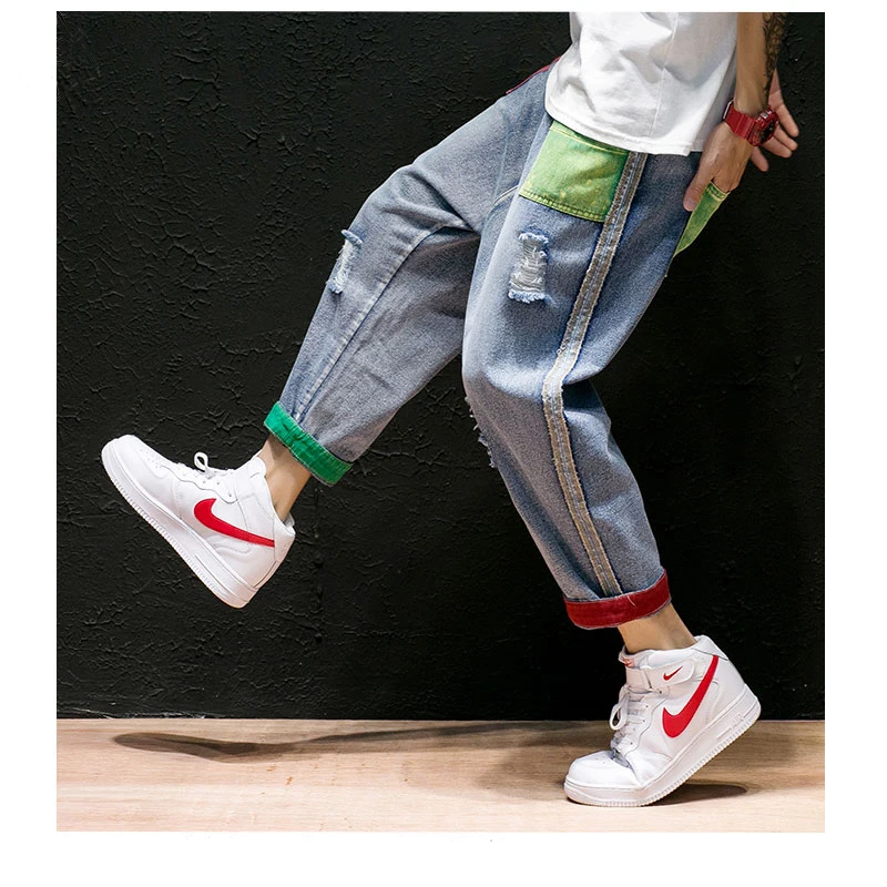 NEESKENS Hot Men Jeans Straight Pants Men Japanese Streetwear Shredded Patchwork Denim Pants Male Vintage Blue Jeans pantalones