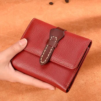 

HUGWISER Vintage Genuine Leather Women Wallet Short Cowhide Tri-Fold Buckle Handbag Threading Multi-Card Soft Solid Conspicuous