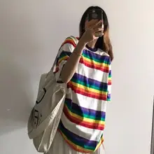 Yfashion Rainbow Stripe Short T-shirts For Women Loose Medium Style Tops T-shirt