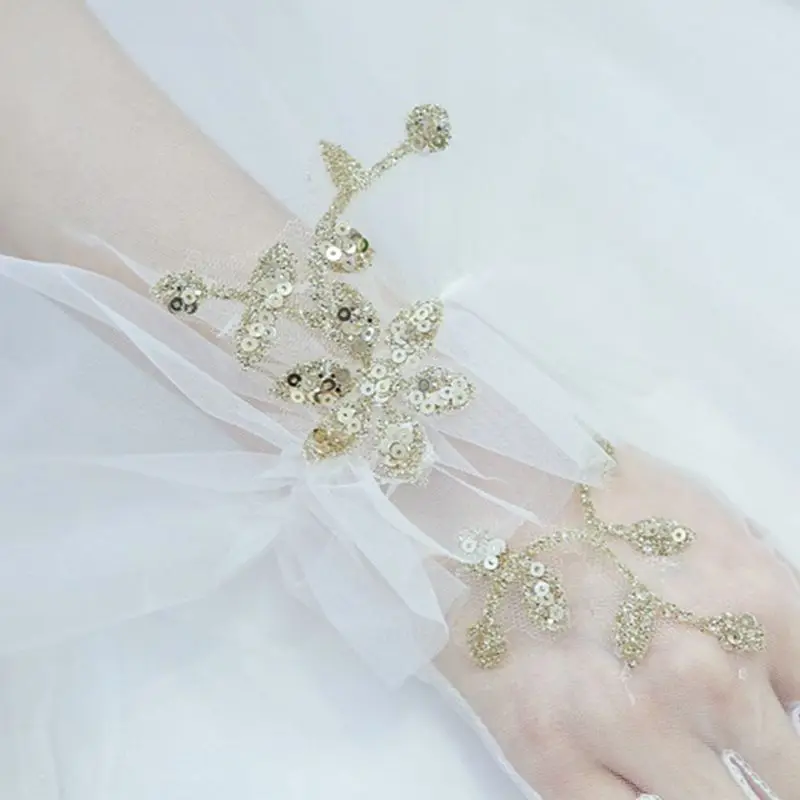 Женские свадебные гофрированные сетчатые наручные перчатки с металлическим блеском, золотыми блестками, цветочной вышивкой, полный палец, варежки, праздничный костюм