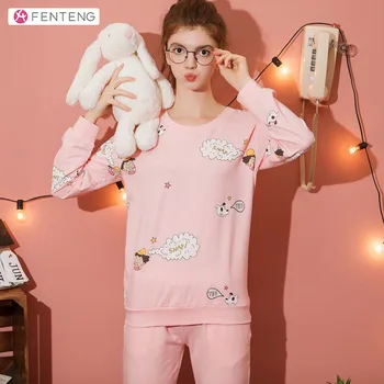 

FENTENG Sweet Pajamas For Women Sleepwear Cartoon Printed Sleeve Sleep Sweater&Solid Pants 2PCS Home Clothing Femme X98111963