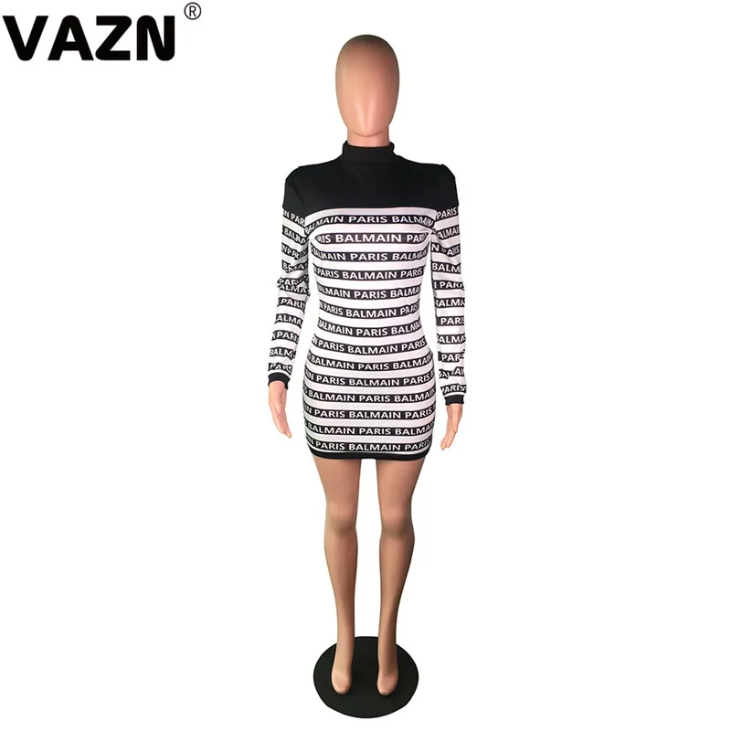 VAZN W-8233, шикарный дизайн, осень, сексуальное женское мини платье, 3 цвета, водолазка, длинный рукав, БУКВЕННОЕ платье, женское уличное платье