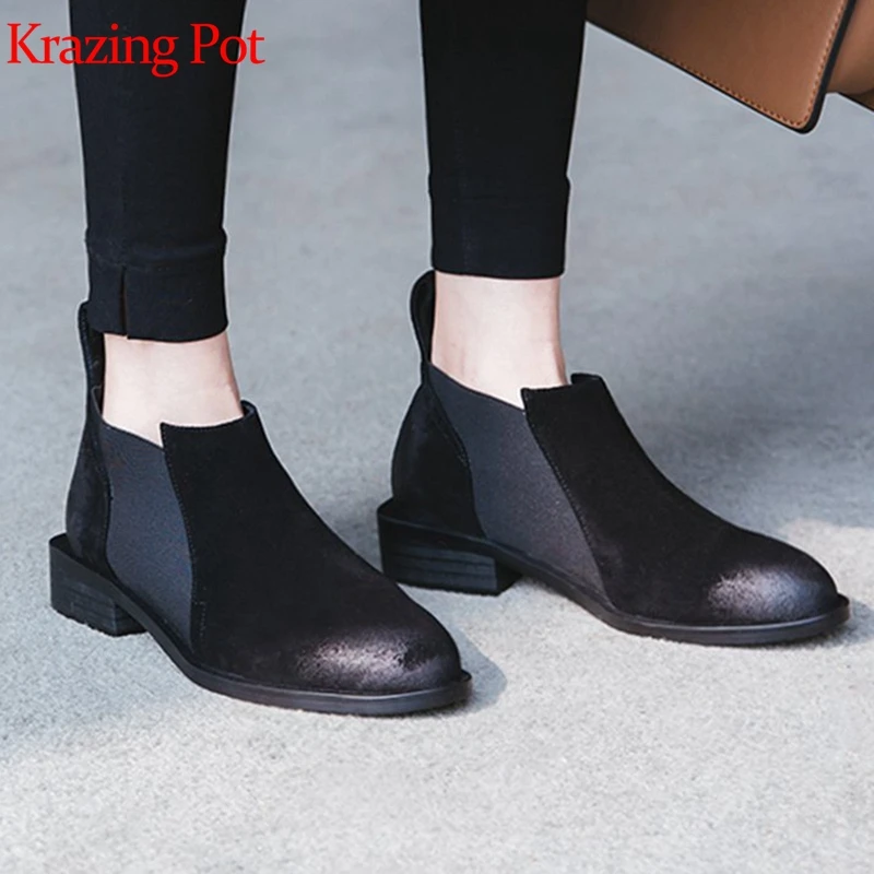 

Krazing pot cow leather round toe solid balck color med heels Hollywood movie star leisure concise simple style ankle boots L70