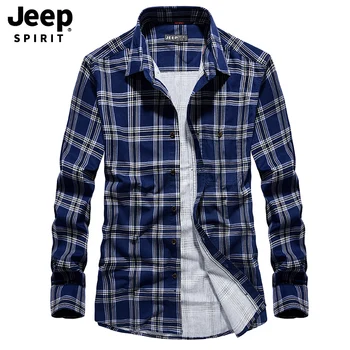 

JEEP SPIRIT Autumn Plaid Shirt Men Long Sleeve Turn Down Collar Casual Pure Cotton Men Shirt M-4XL Breathable Shirt Male