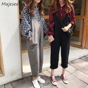 

Jumpsuits Women Trendy Loose Simple All-match Cargo Trousers Students Korean Style V-neck Comfortable Ankle Length Casual Girl
