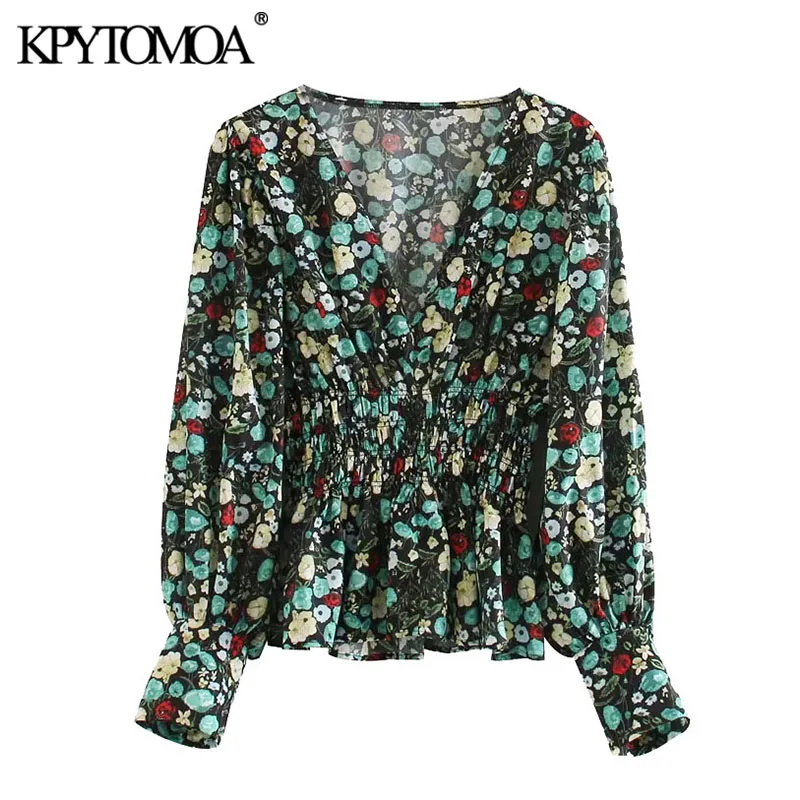 KPYTOMOA Women 2020 Fashion Floral Print Elastic Smocked Blouses Vintage Puff Sleeve Ruffled Female Shirts Blusas Chic Tops KPYTOMOA Women 2020 Fashion Floral Print Elastic Smocked Blouses Vintage Puff Sleeve Ruffled Female Shirts Blusas Chic Tops
