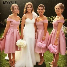 

MYYBLE 2020 Pink Short Bridesmaid Dresses New Off The Shoulder Keen Length Stain Pleats Formal Wedding Gowns Party Dress