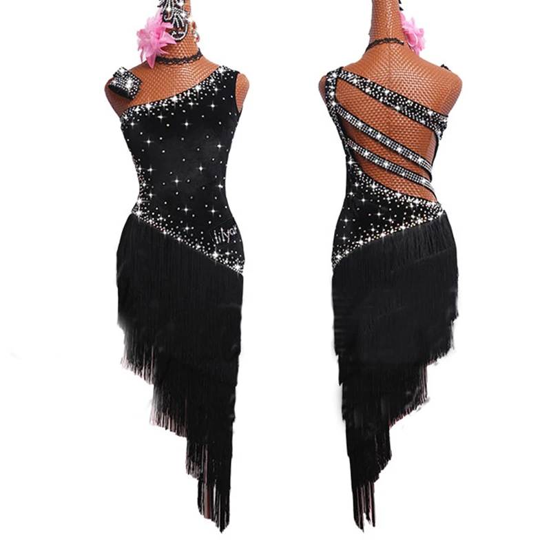 Latin Dance Dresses For Women Black Fringe Shiny Rhinestone Backless Tango Salsa Ballroom Compete Latin Dance Costumes