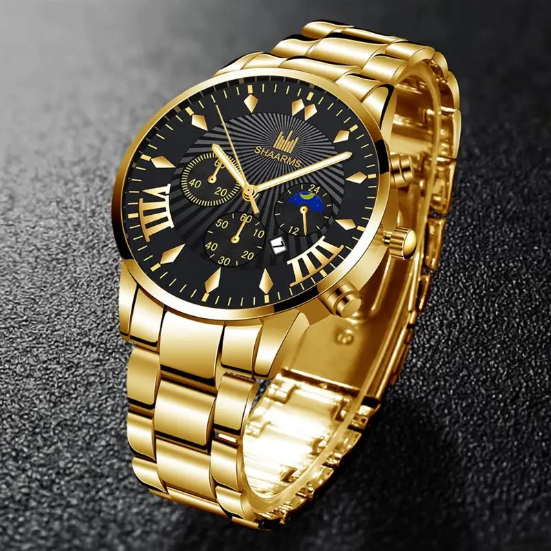 

SHAARMS Men Gold Business Watch Stainless Steel Fashion Quartz Date Watches Relogio Masculino Military Sport Design Wristwatch