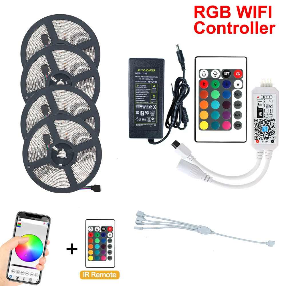 20m WIFI Control WiFi светодиодный светильник RGB водонепроницаемый SMD 5050 12 В 12 В rgb диод гибкая лента Wi-Fi контоллер+ адаптер штекер 5 м 10 м 15 м - Испускаемый цвет: 20m WIFI Control
