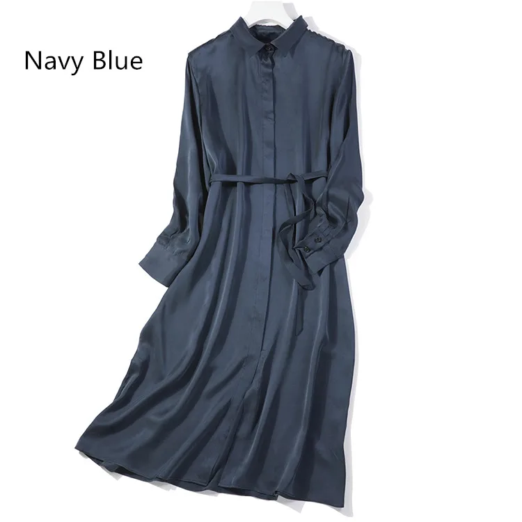 Navy Blue Женское Летнее шелковое платье, многоцветные платья из натурального шелка, элегантное платье, повседневное праздничное длинное платье-рубашка из натурального шелка - Цвет: Navy Blue