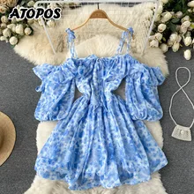 

Atopos Sweet Summer Floral Short Dress Women Off Shoulder Sling Mini Dresses Beach Vestidos High Waist Sundress Female Clothing