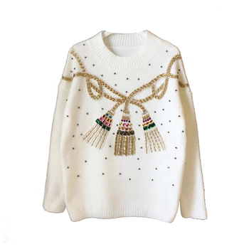 

High Quality Beaded Sweater 2019 Winter Thick Warm Round Neck Pullover Sweater Ladies White Black Jumpers Women Knitted Tops
