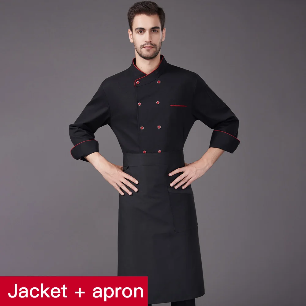 Черная куртка шеф-повара с длинным рукавом, униформа для отеля, ресторана, ресторанного обслуживания, рубашка повара, оснастка, унисекс, пальто повара, одежда, Рабочая Униформа - Цвет: jacket apron