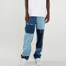 

Men Wash Splice Casual Straight Tassel Patchwork Jeans Trousers Male Fashion Streetwear Loose Hip Hop Denim Full Length Pants
