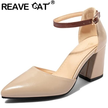 

REAVE CAT Woman Elegant Summer Sandals Pointed Toe 7.5cm Hoof Heels Straight buckle Shallow Big size 32-48 Casual Party A2983