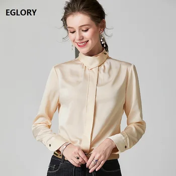 

High Quality Silk Shirts 2019 Autumn Elegant Work Blouses Women Stand Neck Long Sleeve Apricot Wine Red Shirts Blusas Feminino