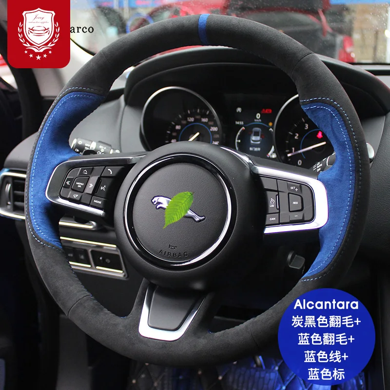 

Для JAGUAR XF XJL XE F-PACE F-TYPE замша синего цвета, Прошитые вручную; Грипса руля рулевое колесо крышка реальный Алькантара автозапчасти и аксессуары