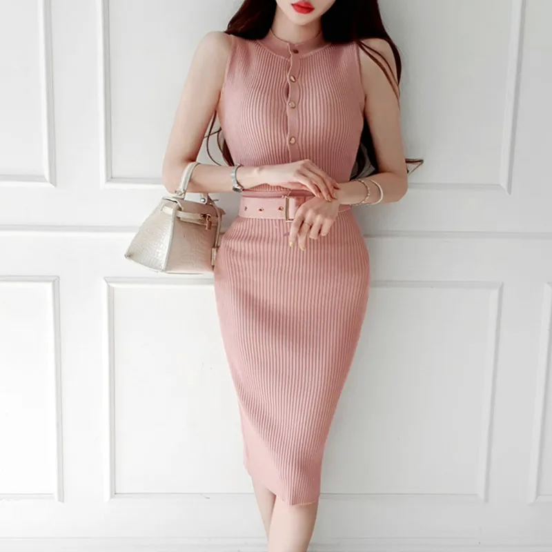 2022 New Fashion Single-Breasted Stretch Sweater Dress Sleeveless Solid Women Bodycon Dresses Korea Chic Party Knitted Vestidos | Женская