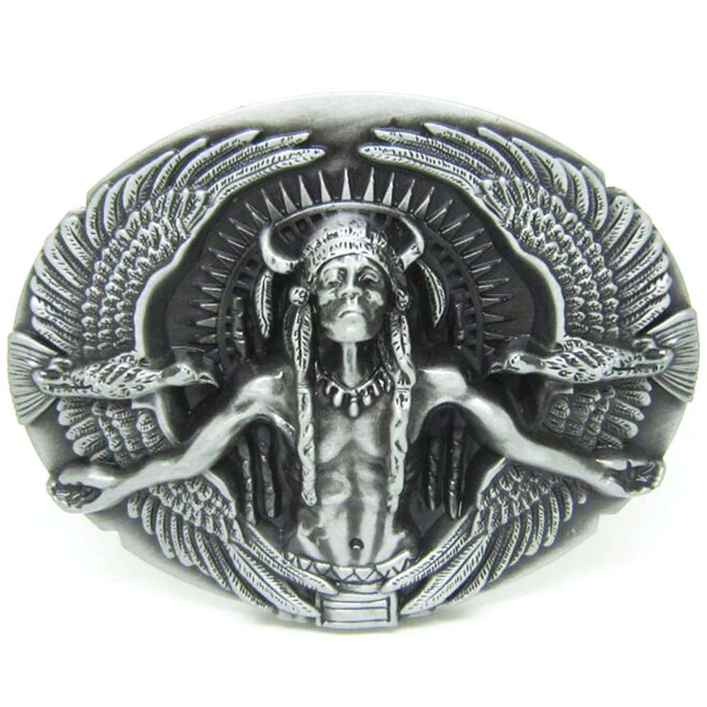 NaNative Western American Retro Indian Chiefs with Double Eagles Shaped Pattern Oval Zinc Alloy Men's Cool Ornament Belt Buckle