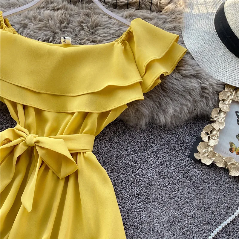 SINGRAIN Summer Women Off Shoulder Dress Bohemian Romantic Ruffle Sundress Party Holiday A-Line Retro Solid Chiffon Beach Dress