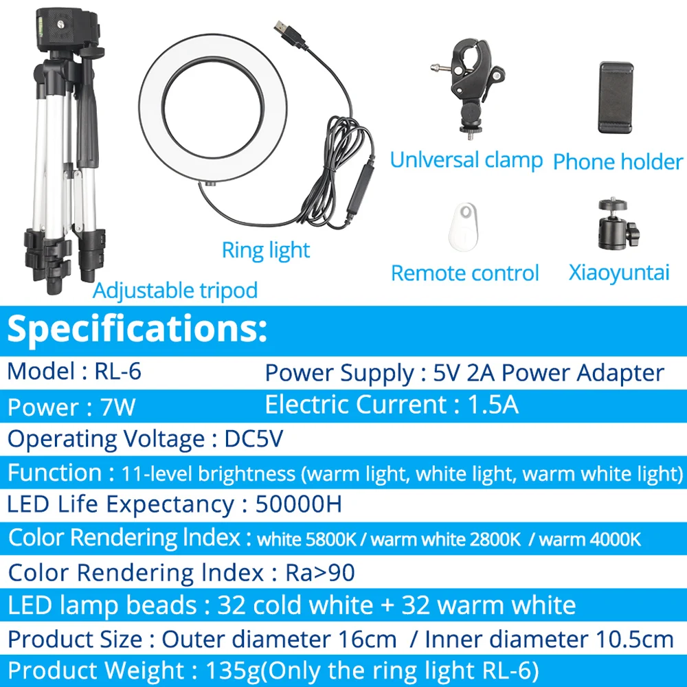 Spash 6 Inch LED Selfie Ring Light with Stretchable Tripod and Phone Holder Circular Lamp Light Ring for Makeup Photography 6