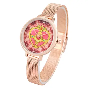 

Adorable Sailor Moon Heart-shaped Dial Quartz Watch for Girls, Solid Stainless Steel Case Watches for Teens, Durable Pink Leathe