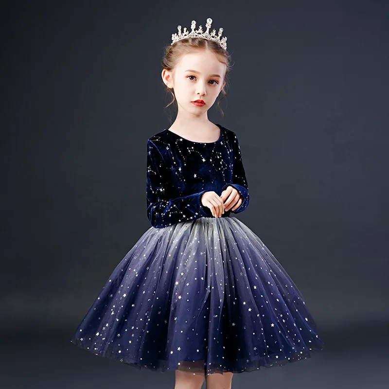 Flower Girl Dresses Luxury Tulle Party Dresses For Wedding Party Girl Christmas Party Prom Formal communion Long sleeved dress - Цвет: navy blue