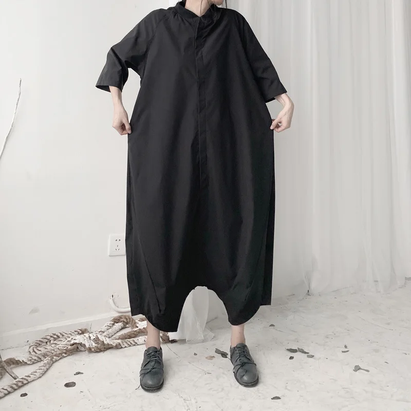 [EAM] Loose Fit Women Black Long Wide Leg Jumpsuit New High Waist Pocket Stitch Pants Fashion Tide Spring Autumn 2020 19A-a632