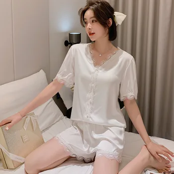 

Spring And Summer Women's Sexy Cotton Casual Home Wear Pajamas V-neck Short-sleeved Lace Edge Thin Section Pajamas + Shorts Suit