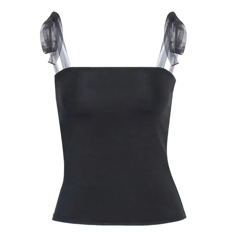 Women Summer Sexy Off Shoulder Tank Top Mesh Ribbon Tie Shoulder Strap Camisole Bodycon Sleeveless Backless Vest