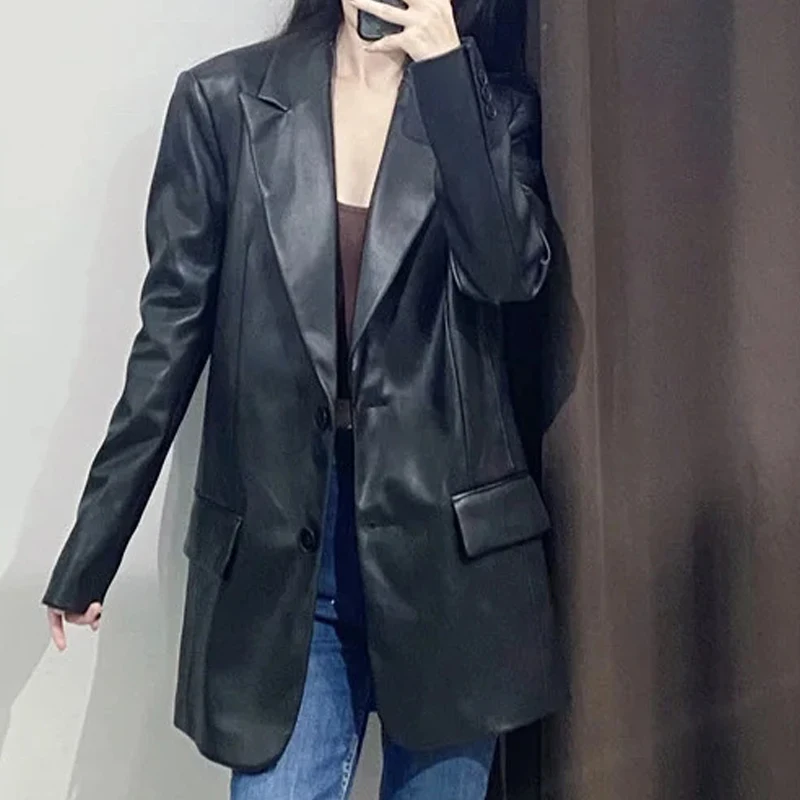 Spring Autumn Women Fashion Black Faux Leather Blazers Coat Solid Pockets Suit Jackets Female Outwear Tops Elegant Blazer Mujer