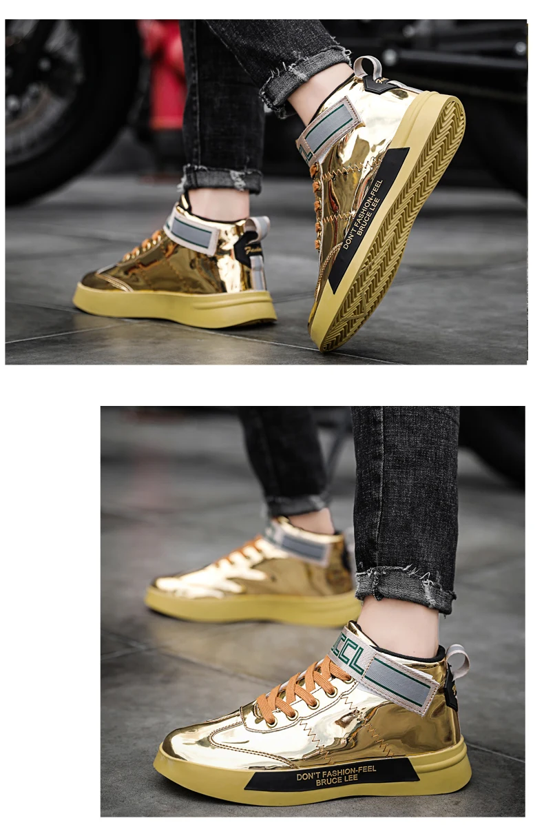 New Shiny Gold Men Glitter Shoes High Top Fashion Men Designer Trainers Non-Slip Mirros Men's Leather Unisex Zapatilla De Hombre
