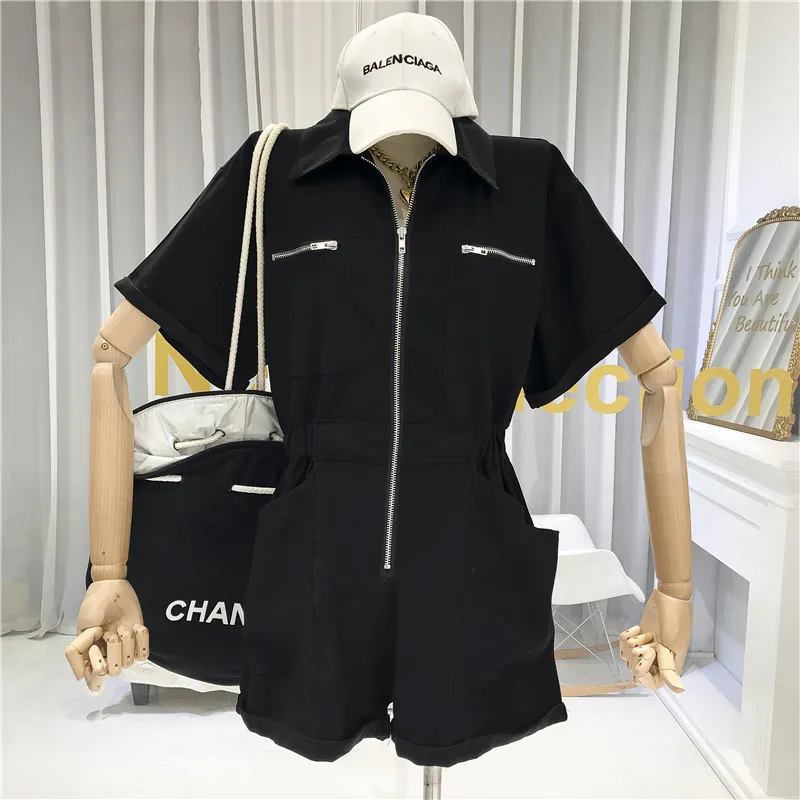 ALPHALMODA New Fashion Safari Jumpsuits Women 2020 Summer New Multi-Pocket Zipper Stretchy Waist Slim Solid Playsuits
