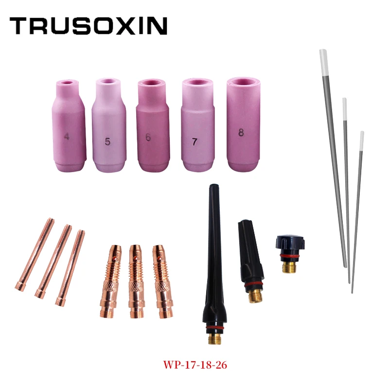 17Pcs Welders Welding Torch Tig Cup Collet Body Nozzle Kit Tungsten Electrode For Wp-17/18/26 Tig Welding Torch