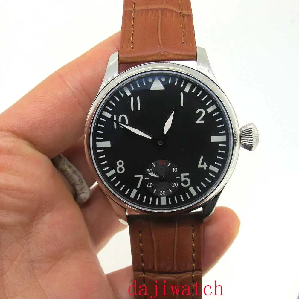 

44mm PARNIS 6498 manual winding movement brown strap men's casual watch luminous dial