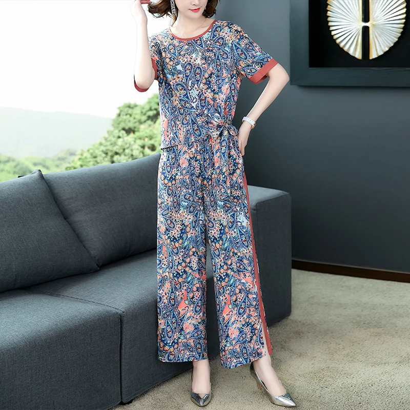 

Two-Piece Suit 2020 Summer Short Sleeve Elegant Twinset Women's Fashionable Suit Imitation Silk Printing Wide-leg Pants Suit