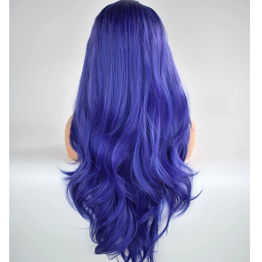 Темно-синий цвет длинные натуральные волнистые парики косплей& Drag queen макияж термостойкие волокна волос Синтетические парики на кружеве для женщин
