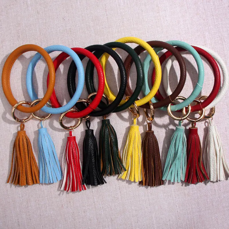 

Flatfoosie 2019 Fashion PU Leather O Key Chain Circle Tassel Wristlet Keychain Car Holder With Metal Ring Accessories Wholesale