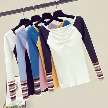 

Fashion Sexy Sweater Women Autumn Spring Stripes Print Slim Long Sleeved Round Collar Slim Casual Sweater Pullover.w