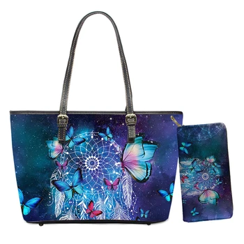 

Fashion Women Messenger Bags Dream Catcher Butterflies 3D Print Blue Handbags for Female 2pcs/set Tote Shoulder Bag
