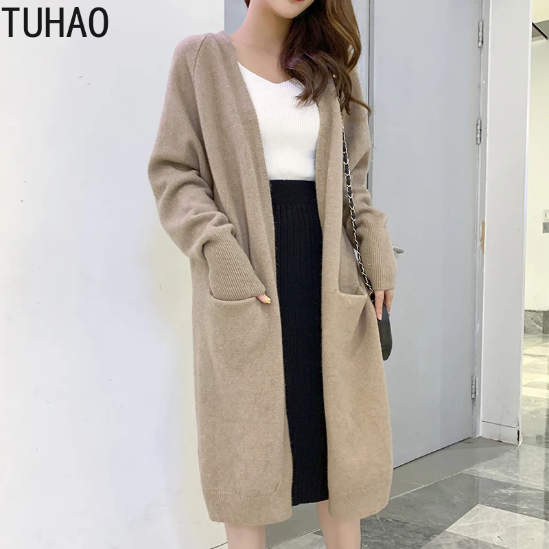 TUHAO осень зима офисное женское длинное пальто, корейский модный Повседневный Кардиган с длинным рукавом, повседневное длинное женское пальто WM106