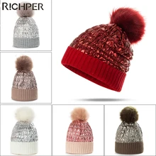 Зимняя женская шапка, теплая Модная хлопковая шапка с манжетами, шапка с помпонами для волос, Высококачественная зимняя шапка Skullies Beanie