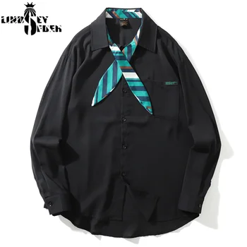

Lindsey Seader White Black Solid with Small Tie Long Sleeve Shirts Streetwear Mens Dress Hiphop Casual Holiday Shirt Top Fashion