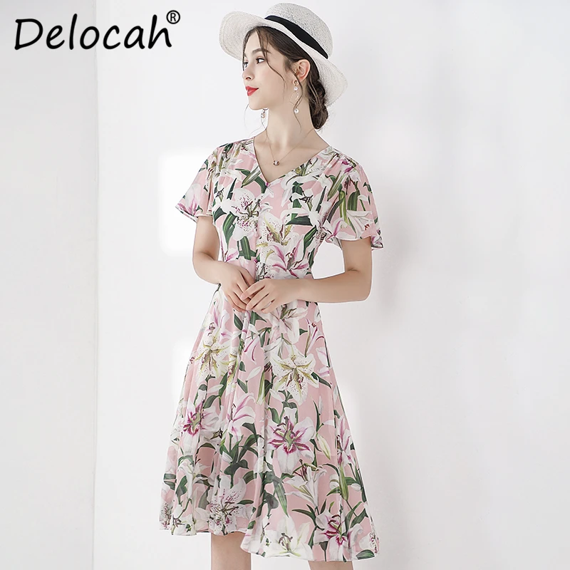 Delocah, модное летнее шифоновое платье для подиума, женское платье с рукавом-бабочкой и цветочным принтом, Элегантные повседневные миди-платья