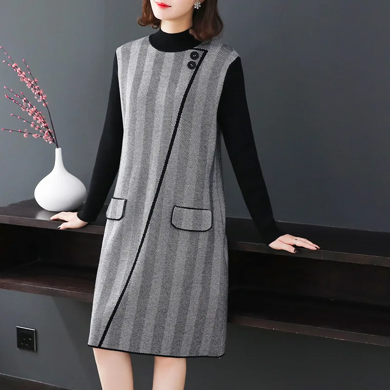

Half-Turtle-Neck Long Sleeve Mid-length Dress Women's Autumn And Winter 2018 New Style WOMEN'S Dress Hong Kong Flavor fu gu qun