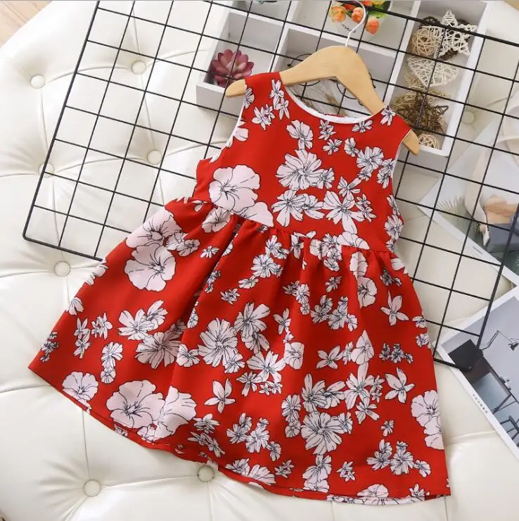 Новинка; летнее шифоновое платье без рукавов с красным цветочным принтом для девочек; элегантный сарафан для отдыха для девочек; детское платье;